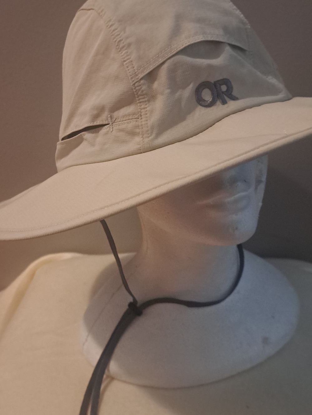 Outdoor Research Wide-Brim Sun Hat in Light Tan with Dark Chin Cord